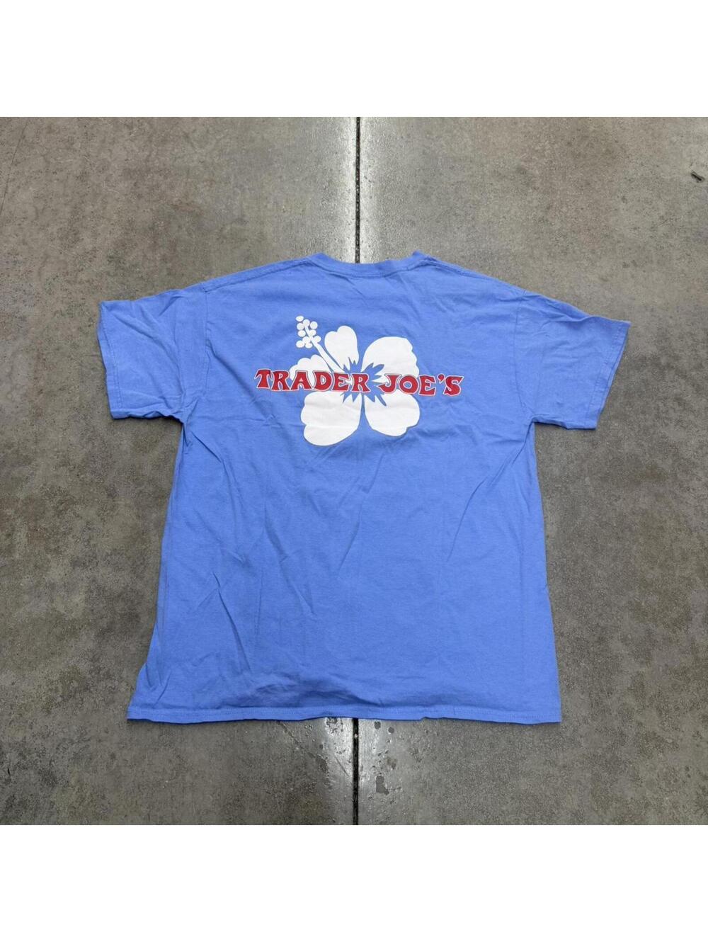 vintage trader joes baby blue big logo super market grocery store shirt large
